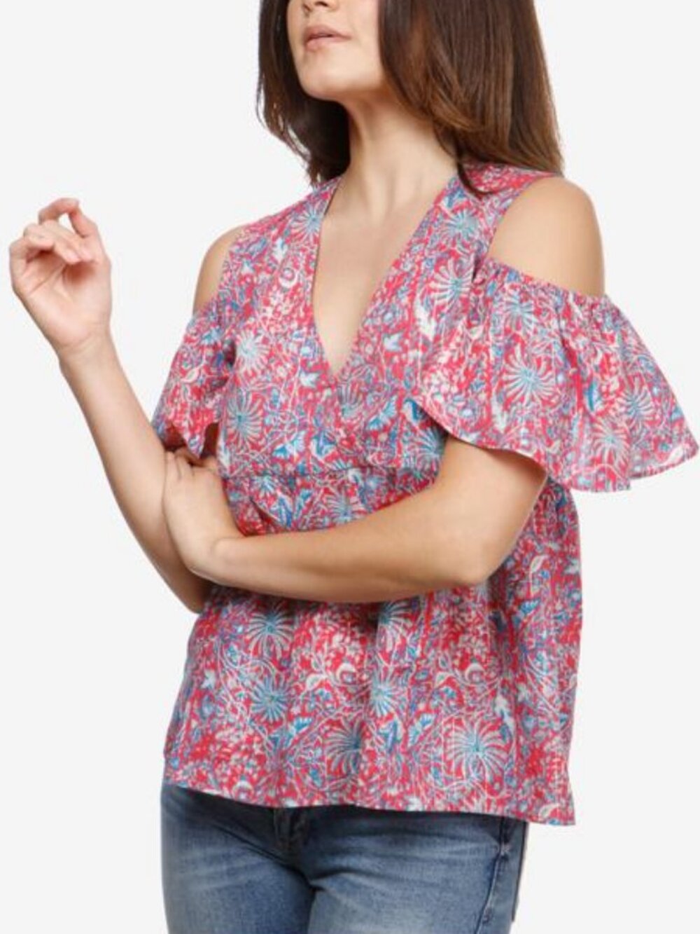 Lucky Brand Gorgeous Pink Flowy Cold Shoulder Floral Top Babydoll Style Summer